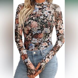 Floral Mesh Long Sleeve Top - Black and Pink